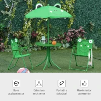 Outsunny Conjunto de Mesa e Cadeira de Jardim Conjunto de Picnic Dobrável para Crianças Conjunto de Mesa com Chapéu de Sol com Altura Ajustável 100-125cm Desenho de Sapo Verde(m-6)