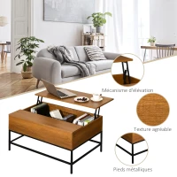 HOMCOM Table basse surélevée Table basse polyvalente avec rangement dissimulé Pieds en métal 90x60,5x45,5 cm(m-6)