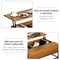 HOMCOM Table basse surélevée Table basse polyvalente avec rangement dissimulé Pieds en métal 90x60,5x45,5 cm(m-5)