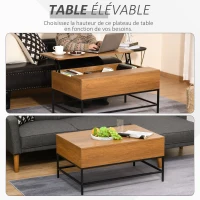 HOMCOM Table basse surélevée Table basse polyvalente avec rangement dissimulé Pieds en métal 90x60,5x45,5 cm(m-4)