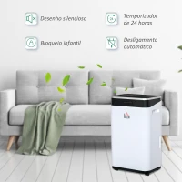 HOMCOM Desumidificador Elétrico 6,5L 20L/Dia com 3 Modos 2 Velocidades Tela LED Luzes Indicadoras Temporizador e Rodas Silencioso para Casa 34x24x57cm Branco(m-8)