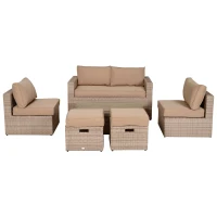 Outsunny Mobilier Gradina Set 6 Piese pentru Exterior cu Canapea 2 Fotolii 2 Pufuri si Masuta Kaki si Bej(m-3)