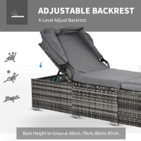 Outsunny Sezlong din Rachita PE, Sezlong cu Spatar Inclinabil pe 4 niveluri, Baldachin si Saltea(m-4)