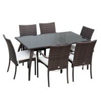 Outsunny Set Mobilier Rattan Masa de Pranz in Sticla cu 6 Scaune, Maro(m-5)