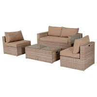 Outsunny Mobilier Gradina Set 6 Piese pentru Exterior cu Canapea 2 Fotolii 2 Pufuri si Masuta Kaki si Bej(m-4)