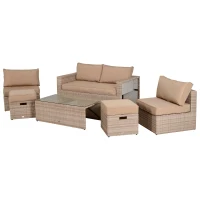 Outsunny Mobilier Gradina Set 6 Piese pentru Exterior cu Canapea 2 Fotolii 2 Pufuri si Masuta Kaki si Bej(m-5)