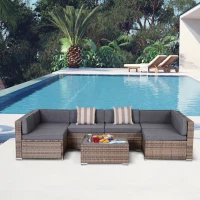 Outsunny Salon de Gradina din Rattan din 7 Piese cu Masuta si Canapea Modulara cu Perne, Gri(m-10)