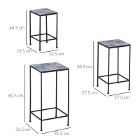 Outsunny Suport plante floral din metal cu suprafata cu placi din ceramica 3 bucati pentru gradina si balcon, albastru si negru(m-3)