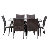 Outsunny Set Mobilier Rattan Masa de Pranz in Sticla cu 6 Scaune, Maro(m-4)