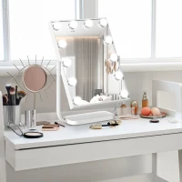 HOMCOM Oglinda pentru make-up, cu iluminare, inclinabila, cu 12 lumini LED si luminozitate reglabila, alb(m-2)