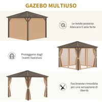 Outsunny Foisor de Gradina 2.98x2.98m in Aluminiu cu Plasa de Tantari, Perdele Laterale si Acoperis Rigid, Maro(m-5)