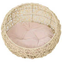 PawHut Pat pentru Pisici din Rattan cu Perna din Lin si Bumbac Bej Ф56 x 35 cm(m-7)