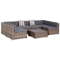 Outsunny Salon de Gradina din Rattan din 7 Piese cu Masuta si Canapea Modulara cu Perne, Gri(m-1)