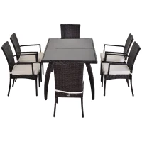 Outsunny Set Mobilier Rattan Masa de Pranz in Sticla cu 6 Scaune, Maro(m-7)