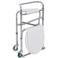 Homcom Scaun Comfortabil WC Pliabil cu 4 Roti Tava Detasabila si Inaltime Reglabila(m-6)