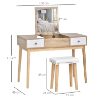 HOMCOM Set masuta de toaleta cu oglinda glisanta scaun tapitat2 sertare 5 compartimente culoarea lemnului(m-3)