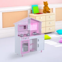 HOMCOM Bucătărie Jucărie pentru Copii din Lemn cu Accesorii, Roz, 110x32.5x99.5cm(m-2)