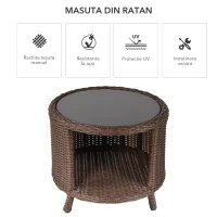 Outsunny Masuta de Gradina cu Compartiment de Depozitare Ratan PE si Raft din Sticla(m-6)