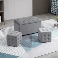 Homcom Cufar Depozitare Multifunctional – Cu 2 Pouf Catifea Gri(m-2)