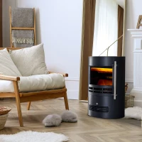 HOMCOM Șemineu Electric de Sol, Șemineu Rotund cu Putere de 900W/2000W și Efect de Flacără, 41x41x64,5 cm, Negru(m-2)