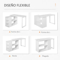 HOMCOM Escritorio de Esquina Multifuncional Mesa de Ordenador en Forma de L Giratorio 360 Grados con Estantes Baldas Patas Metálicas 120x108x76 cm Blanco(m-4)
