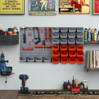 DURHAND 44 Piece Wall Mounted Tool Rack Organiser Storage Bins and Panel Set with Shelf Hook Screws Accessories Red(m-2)
