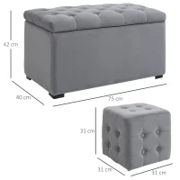 Homcom Cufar Depozitare Multifunctional – Cu 2 Pouf Catifea Gri(m-3)