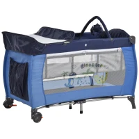 HOMCOM® Kinderreisebett klappbar Reisebettmatratze Klappbett Babybett mit Rollen Blau(m-1)