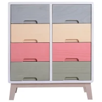 HOMCOM® Nachttisch Nachtkommode Flurkommode mit 8 Schubladen Paulownienholz bunt 55 x 30 x 65,5 cm(m-7)