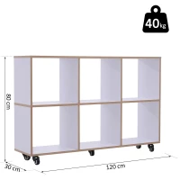 HOMCOM® 6 Fächer Rollregal Bücherregal Standregal mit 5 Rollen Holz Weiß 120 x 30 x 80 cm(m-2)