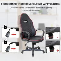 Vinsetto Bürostuhl Gaming Stuhl Drehstuhl Wippfunktion Höhenverstellbar Kunstleder Schwarz+Rot 62 x 69 x 112–121 cm(m-5)