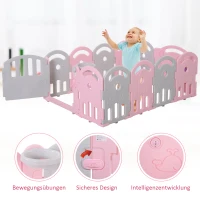 HOMCOM® Schutzgitter Laufgitter Absperrgitter 12 Elemente Korb 3 Zahnräder HDPE Rosa 162 x 122 x 63 cm(m-7)