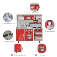 HOMCOM® Kinderküche und Kinder Feuerwehrhaus 2-in-1 Spielküche mit Zubehör 3+ Kiefer MDF(m-7)
