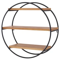 HOMCOM® Wandregal Bücherregal Metallregal Hängeregal Dekoregal modern aus Metall und Holz mit 3 Böden rund Schwarz Natur ∅50 x 19cm(m-3)