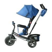 HOMCOM® Kinderdreirad mit Dach Lenkstange Kinderwagen Schieber Blau(m-4)