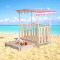 Outsunny® Sandkasten Spielhaus Sandbox Spielveranda mit Dach Holz(m-1)