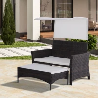 Outsunny® 2-tlg. Gartensofa Gartenmöbel Lounge Gartenset Rattanmöbel Braun Polyrattan 1 x Hocker mit Sonnendach(m-2)