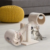 PawHut® Kratzbaum Katzenbaum Spielbaum Wippe 2 Tunnel mit Loch Beige L67 x B30 x H26 cm(m-1)