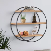 HOMCOM® Wandregal Bücherregal Metallregal Hängeregal Dekoregal modern aus Metall und Holz mit 3 Böden rund Schwarz Natur ∅50 x 19cm(m-1)