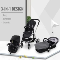 HOMCOM® Kinderwagen 3-in-1 Buggy Babyschale Babywanne Auto-Kindersitz 0-36 Monate Grau(m-3)