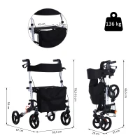 HOMCOM® Rollator mit Stuhl Faltbarer Gehwagen Tasche Verstellbare Griffe Alulegierung(m-3)