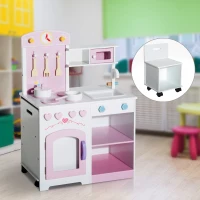 HOMCOM® Kinderküche Spielküche mit Zubehör Hocker Holz Rosa(m-1)