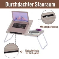 Vinsetto® Laptoptisch Betttisch Serviertablett Frühstückstisch verstellbar Spanplatte + Metall Natur + Weiß 64 x 36 x 27 cm(m-6)