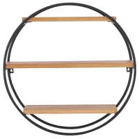 HOMCOM® Wandregal Bücherregal Metallregal Hängeregal Dekoregal modern aus Metall und Holz mit 3 Böden rund Schwarz Natur ∅50 x 19cm(m-6)