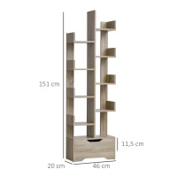 HOMCOM Bücherregal mit 10 Fächer und Schublade, Standregal, Eckbücherregal, E1 Spanplatte, 46 x 20 x 151 cm(m-3)