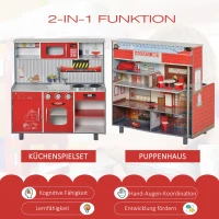 HOMCOM® Kinderküche und Kinder Feuerwehrhaus 2-in-1 Spielküche mit Zubehör 3+ Kiefer MDF(m-4)