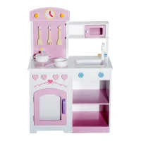 HOMCOM® Kinderküche Spielküche mit Zubehör Hocker Holz Rosa(m-3)
