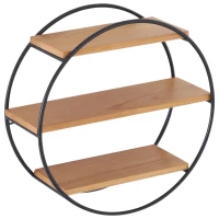 HOMCOM® Wandregal Bücherregal Metallregal Hängeregal Dekoregal modern aus Metall und Holz mit 3 Böden rund Schwarz Natur ∅50 x 19cm(m-5)