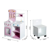 HOMCOM® Kinderküche Spielküche mit Zubehör Hocker Holz Rosa(m-2)