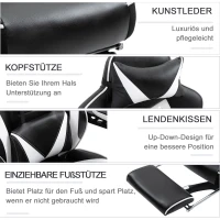 Vinsetto® Gamingstuhl Gamingsessel Fußstütze Liegefunktion Weiß Schwarz(m-4)